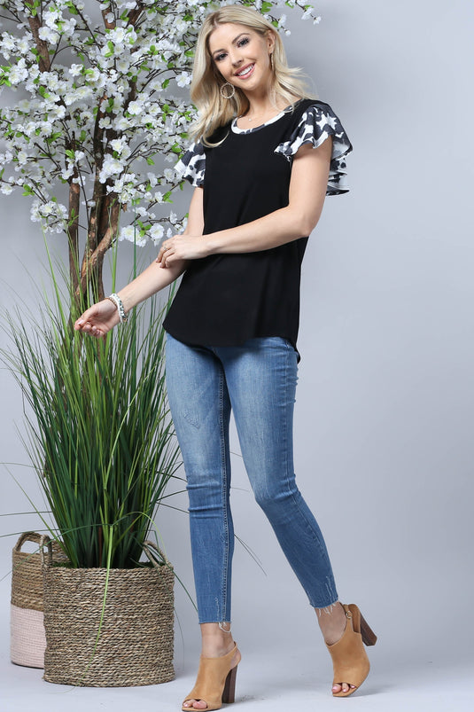 AVER3- Ladies Black Cow Print Ruffle Sleeve Top