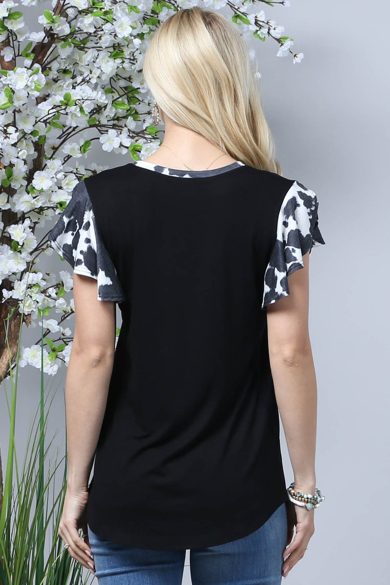 Load image into Gallery viewer, AVER3- Ladies Black Cow Print Ruffle Sleeve Top
