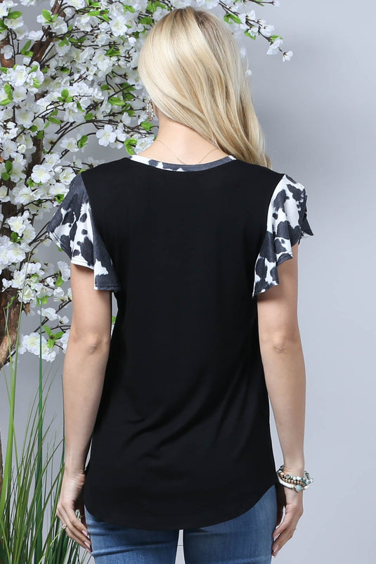 AVER3- Ladies Black Cow Print Ruffle Sleeve Top