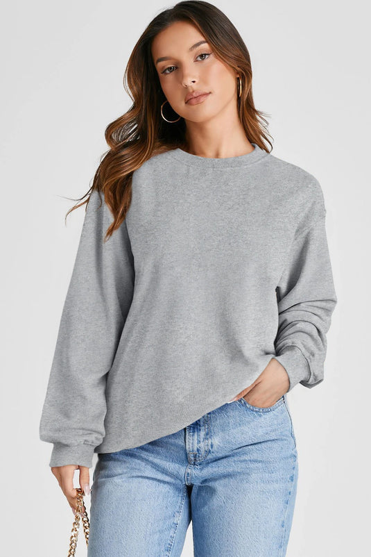 DLLS904 - Ladies Light Grey Plain Drop Shoulder Crewneck Pullover Sweatshirt