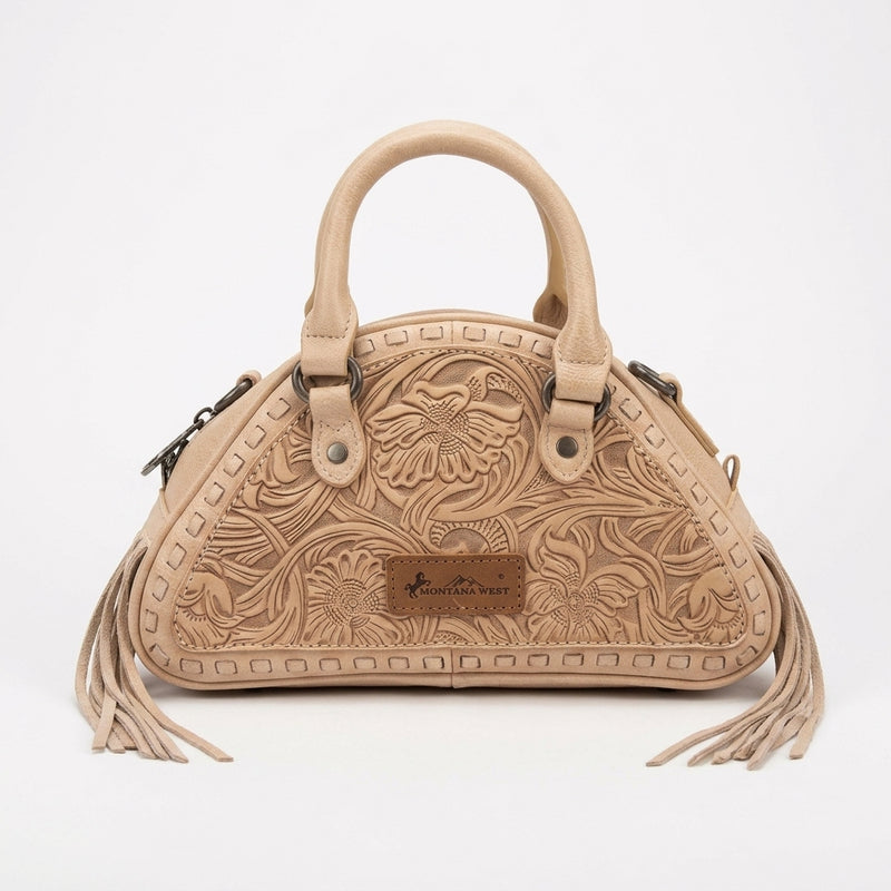 Load image into Gallery viewer, MW1363-889TN - Montana West Tooled Floral Fringe Dome Satchel Bag - Tan
