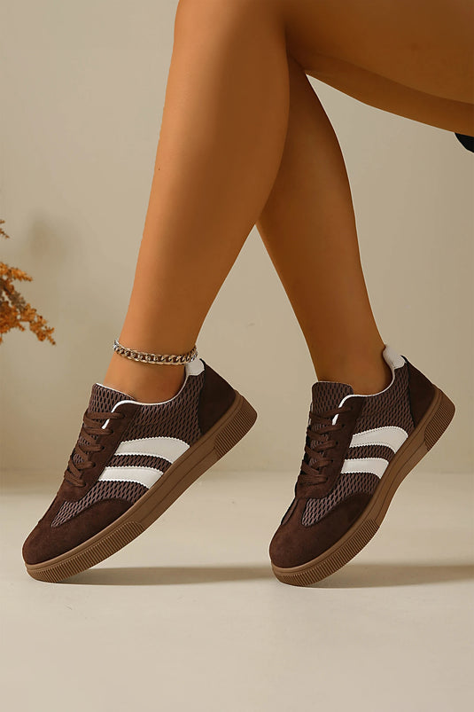 DLLSHOE 89 - Brown Breathable Mesh Patchwork Lace Up Flat Shoes