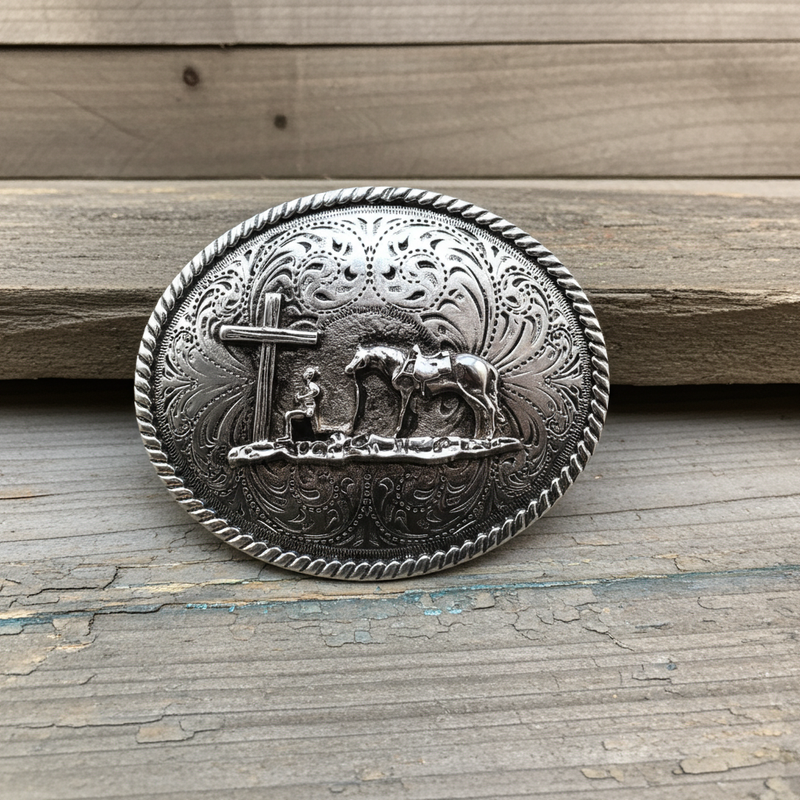 Load image into Gallery viewer, RLB502 - RockinLeather Silver Cowboy Prayer Oval Buckle
