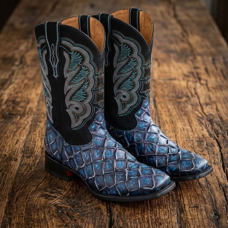 Load image into Gallery viewer, CP1707 - Cowboy Prayer Hand Crafted Blue Pirarucu Print Cowboy Boots
