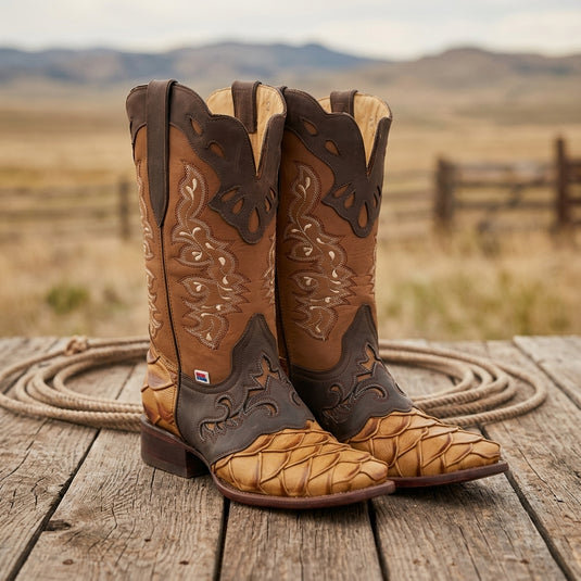 1244 - RockinLeather Men's Pirarucu Print Leather Boot W/Overlay