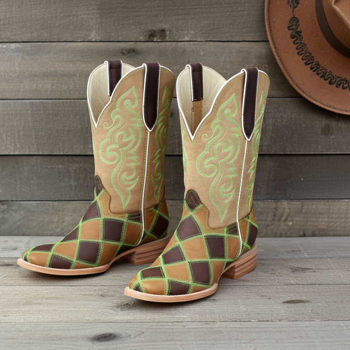 1208 - RockinLeather Men's Patchwork w/Green Stitching Western Boot