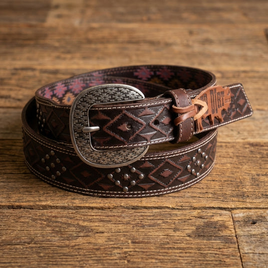 23112BE7 - Red Dirt Hat Co. Men's Dark Brown Tooled Belt