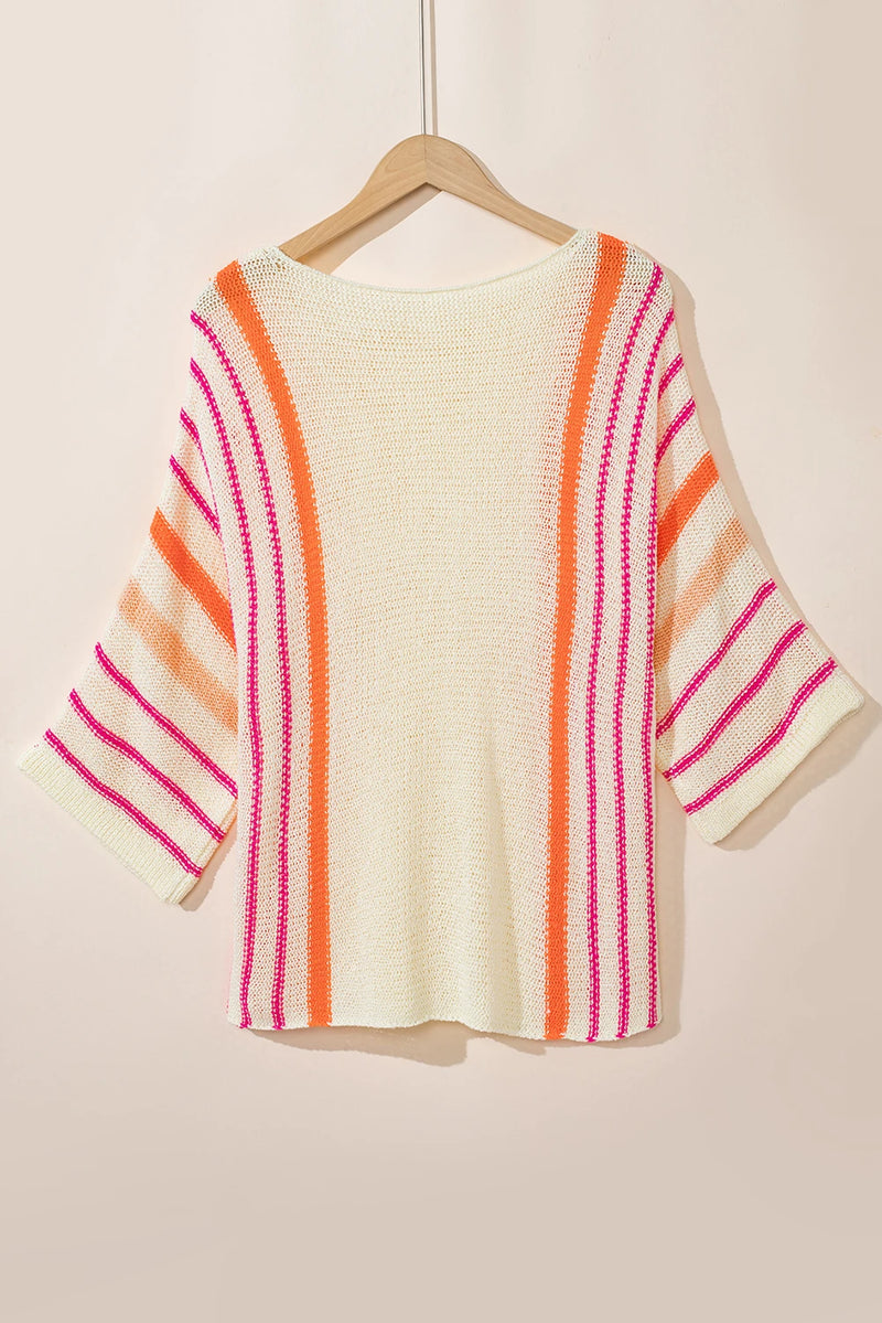 Load image into Gallery viewer, DLLS546 - Ladies White Striped Detail Wide Sleeve Lightweight Knitted Sweater
