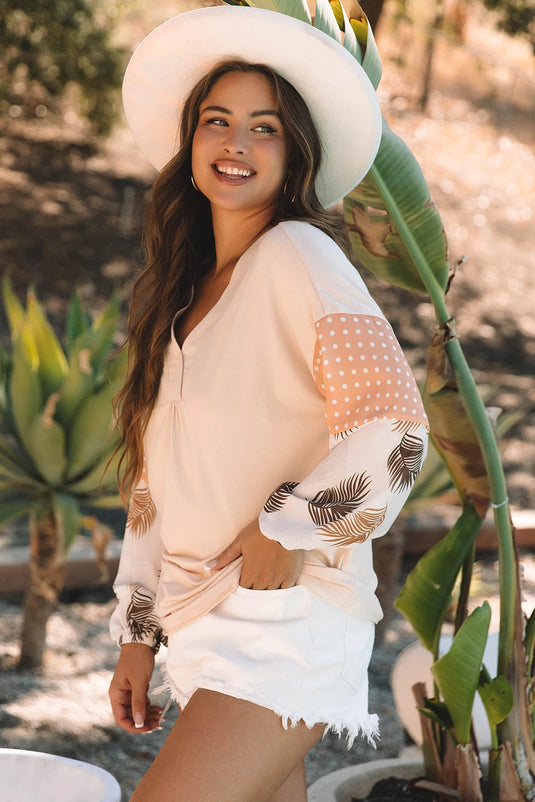 DLLS321 - Ladies Jet Stream Palm Leaves Polka Dot Puff Sleeve Patchwork V Neck Loose Blouse