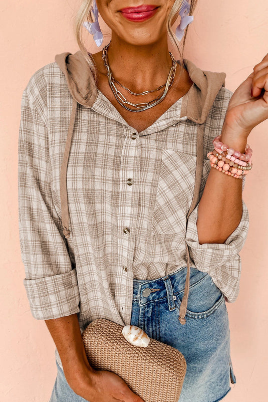 DLLS905 - Ladies Khaki Checkered Print Loose Fit Buttoned Hooded Shacket