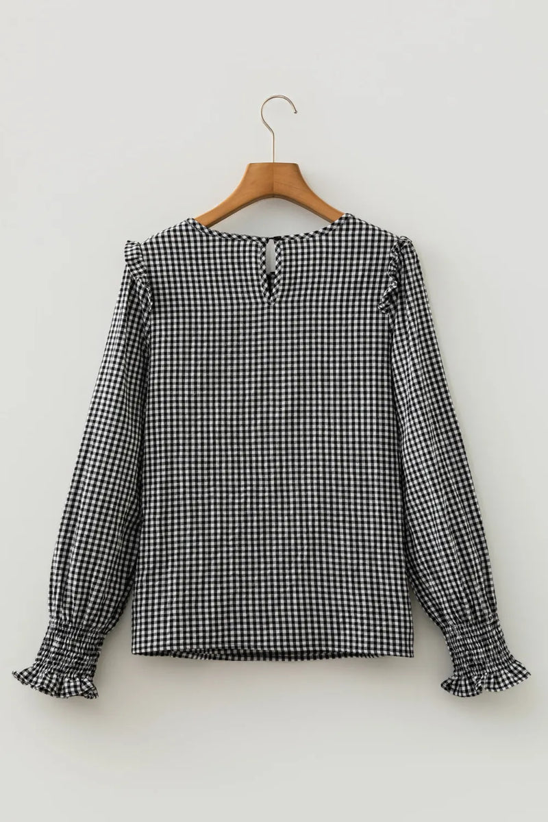 Load image into Gallery viewer, DLLS818 - Ladies Black Plaid Shirred Cuff Long Sleeve Round Neck Blouse
