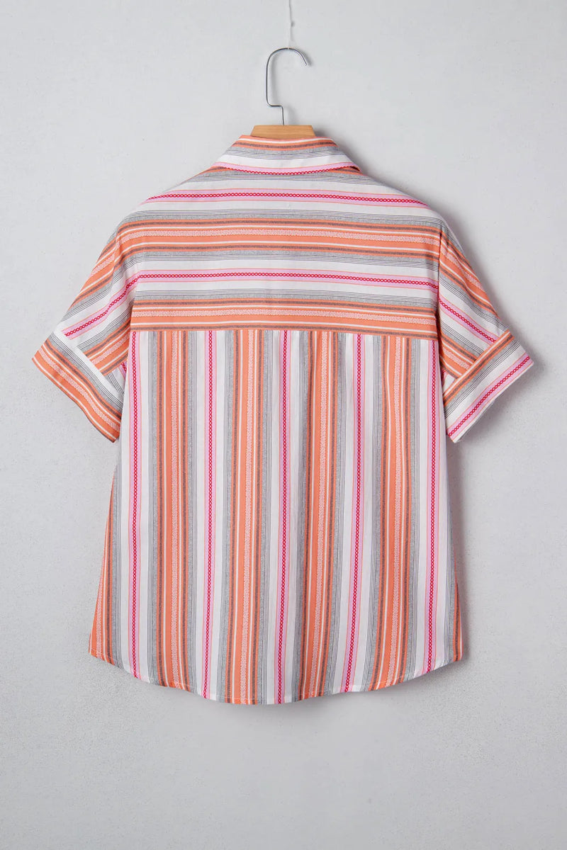 Load image into Gallery viewer, DLLS519 - Ladies Pink Stripe Button up Short Sleeve Shirt
