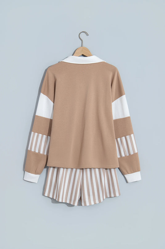 DLLS1102 - Ladies Smoke Gray Striped Color Block Pullover Top Drawstring Shorts Set