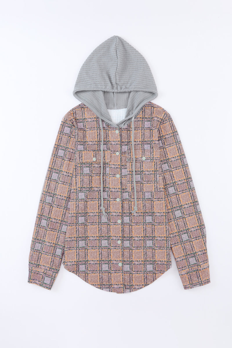 Load image into Gallery viewer, DLLS111 - Ladies Purple Plaid Contrast Hooded Drawstring Shacket
