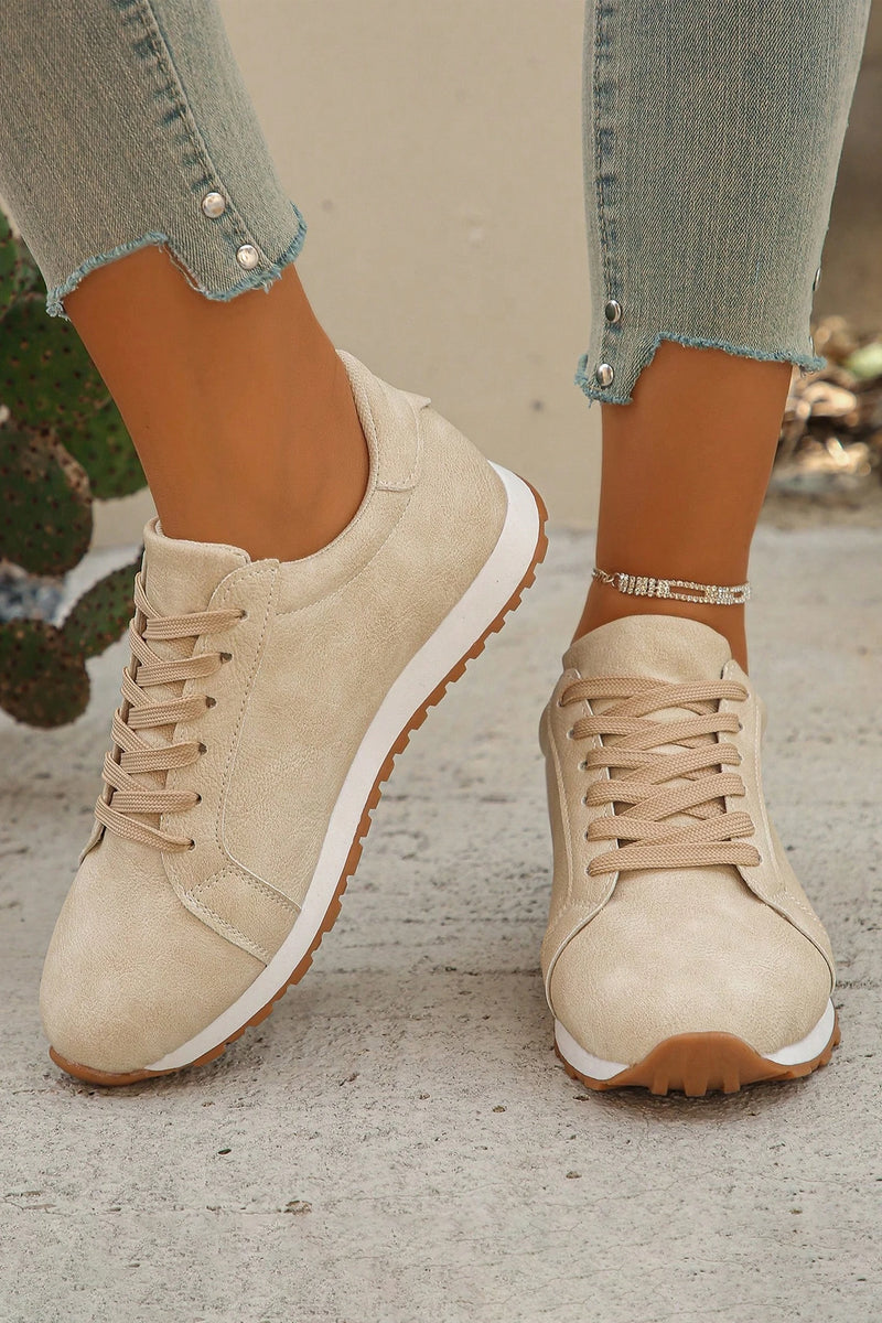 Load image into Gallery viewer, DLLSHOE 53  - Beige Solid Color Faux Suede Lace-Up Sneakers
