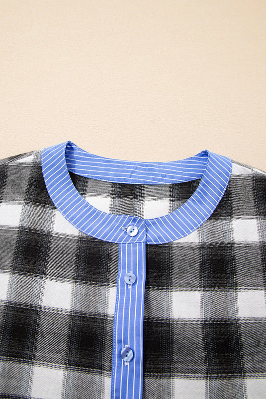 DLLS297 - Ladies Black Contrast Striped Edge Half Placket Plaid Blouse