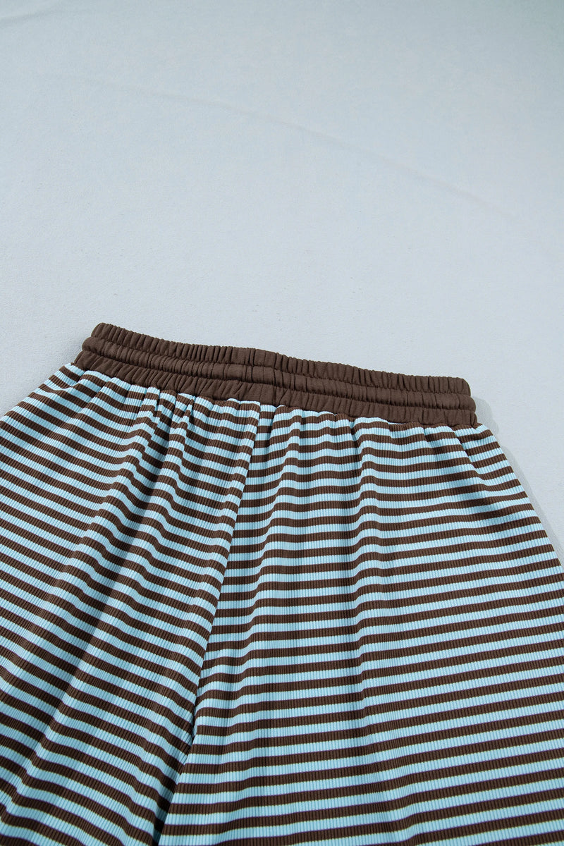 Load image into Gallery viewer, DLLS1083 - Ladies Brown Stripe Oversized Long Sleeve Top Drawstring Loose Shorts 2pcs Set
