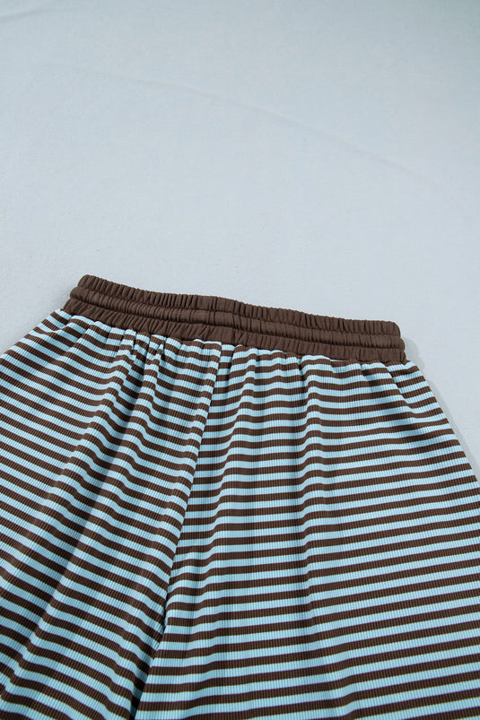 DLLS1083 - Ladies Brown Stripe Oversized Long Sleeve Top Drawstring Loose Shorts 2pcs Set