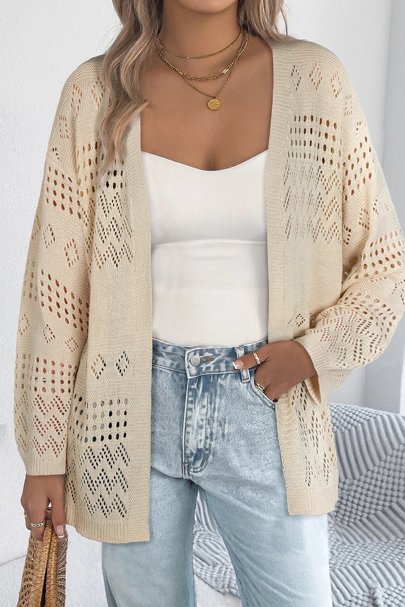 Load image into Gallery viewer, DLLS915 - Ladies Smoke Gray Solid Color Hollowed Knit Open Front Cardigan Sweater

