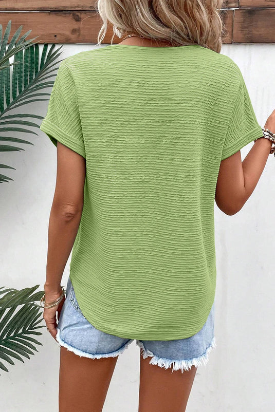 DLLS501 - Ladies Grass Green Textured Wide Sleeve V Neck T Shirt