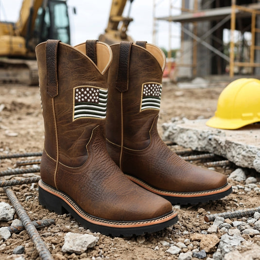 5017- RockinLeather Men's American Flag Steel Toe Work Boot