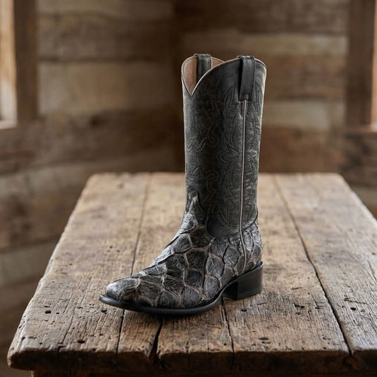 CP5013 - Cowboy Prayer Hand Crafted Blk/Wht/Grey Pirarucu Print Cowboy Boots