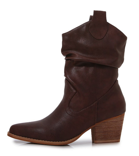 MELBOOT 1 - Ladies Brown PU Wooden Heel Western Long Boots