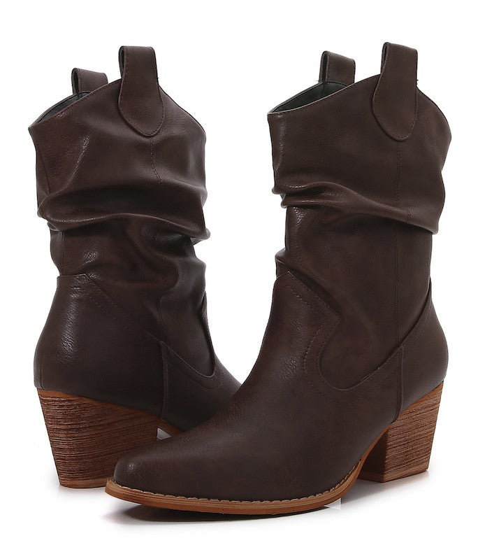 Load image into Gallery viewer, MELBOOT 1 - Ladies Brown PU Wooden Heel Western Long Boots

