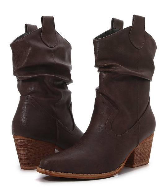 MELBOOT 1 - Ladies Brown PU Wooden Heel Western Long Boots