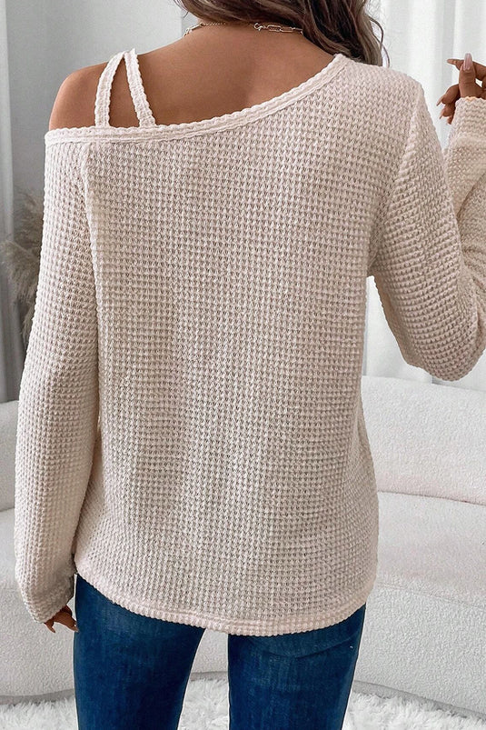 DLLS304 - Ladies Jet Stream Solid Color Textured Knit Asymmetric Shoulder Long Sleeve Top