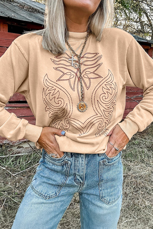DLLS879 - Ladies Beige Western Embroidery Round Neck Pullover Long Sleeve Sweatshirt