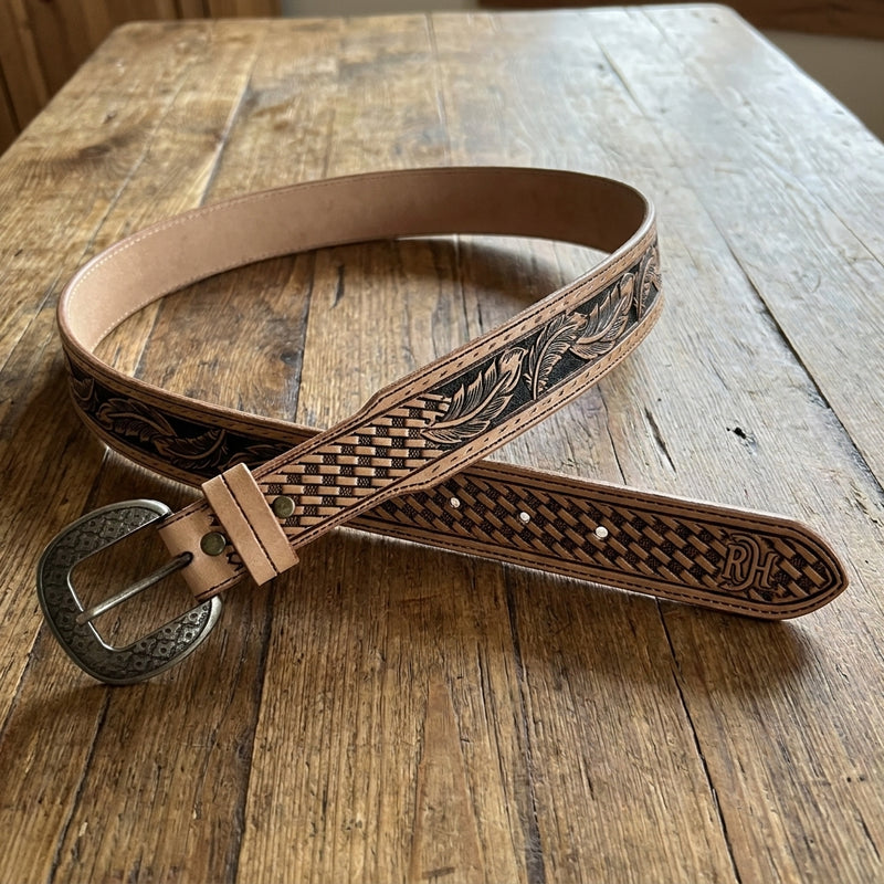 Load image into Gallery viewer, 23133BE1 - Red Dirt Hat Co. Men's Vachetta Leather Belt W/Basketweave/Feather Tooling
