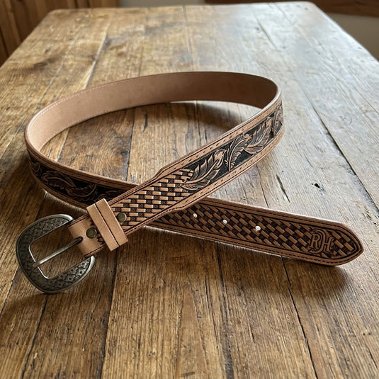 23133BE1 - Red Dirt Hat Co. Men's Vachetta Leather Belt W/Basketweave/Feather Tooling