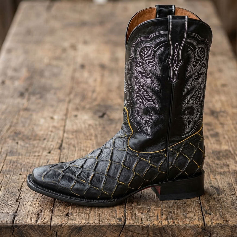 Load image into Gallery viewer, CP1702 - Cowboy Prayer Pirarucu Print W/Yellow Underlay Cowboy Boots
