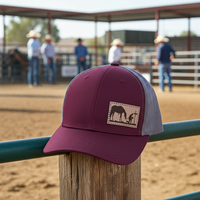 CP119 - Cowboy Prayer Leather Patch Maroon/Grey Cap