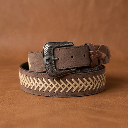 24069BE3 - Red Dirt Hat Co. Men's Taupe Roughout Belt With Herringbone Rawhide