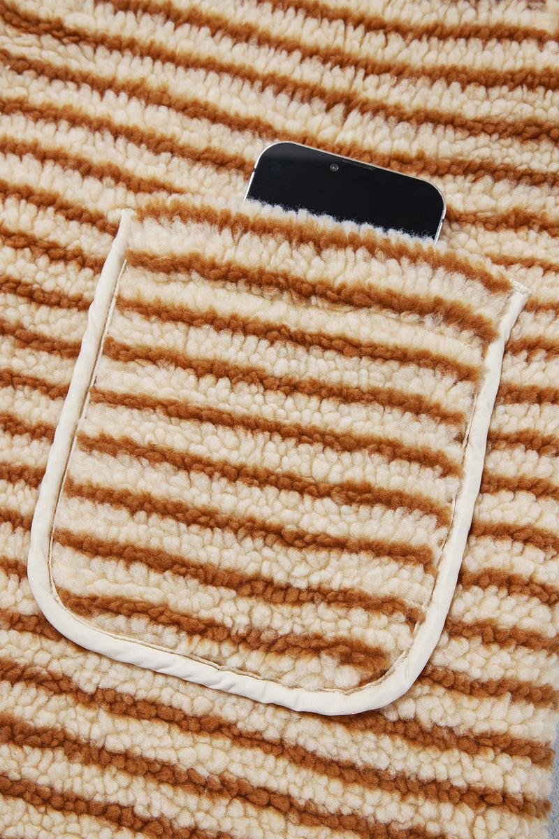 Load image into Gallery viewer, DLLS1023 - Ladies Brown Stripe Striped Fleece Button Front Long Sleeve Regular Fit Jacket

