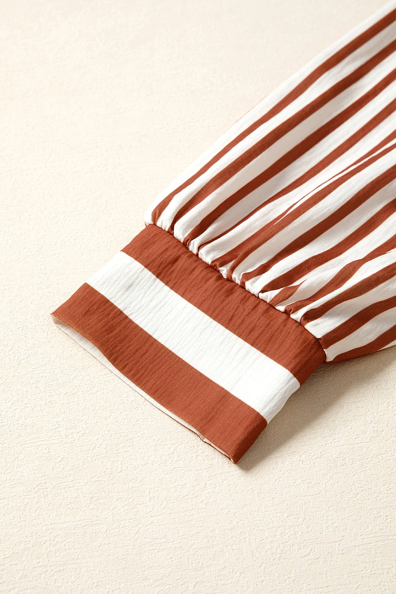 Load image into Gallery viewer, DLLS309 - Ladies Brown Stripe Babydoll Long Sleeve Blouse
