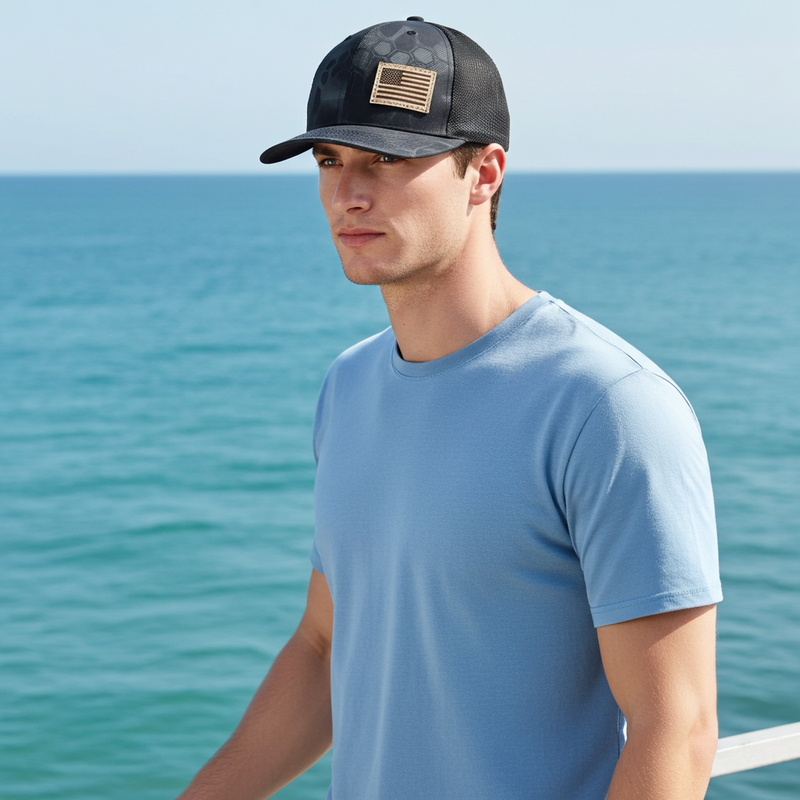 Load image into Gallery viewer, SA116 - Southern Addiction Kryptek Typhoon/Black Light Leather American Flag Patch Cap
