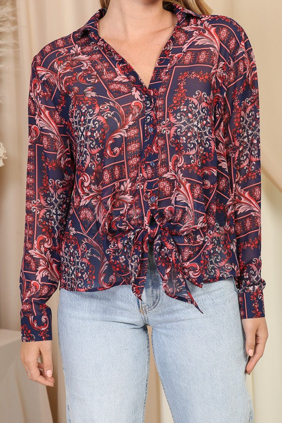 Load image into Gallery viewer, TIM4 - Ladies Pink/Navy Paisley Print Tie-Front Blouse
