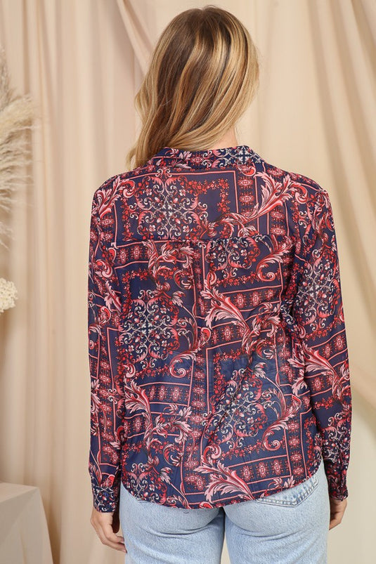 TIM4 - Ladies Pink/Navy Paisley Print Tie-Front Blouse