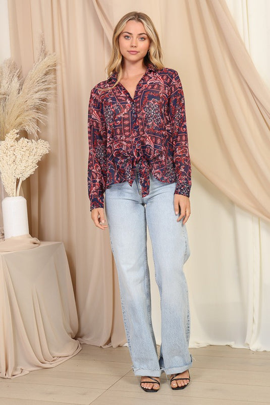 TIM4 - Ladies Pink/Navy Paisley Print Tie-Front Blouse