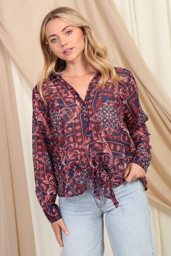 Load image into Gallery viewer, TIM4 - Ladies Pink/Navy Paisley Print Tie-Front Blouse
