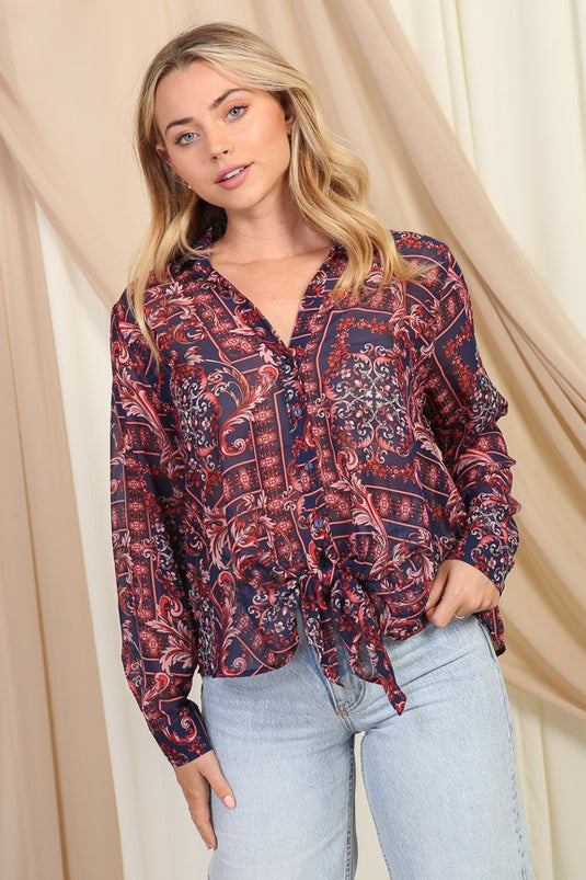 TIM4 - Ladies Pink/Navy Paisley Print Tie-Front Blouse
