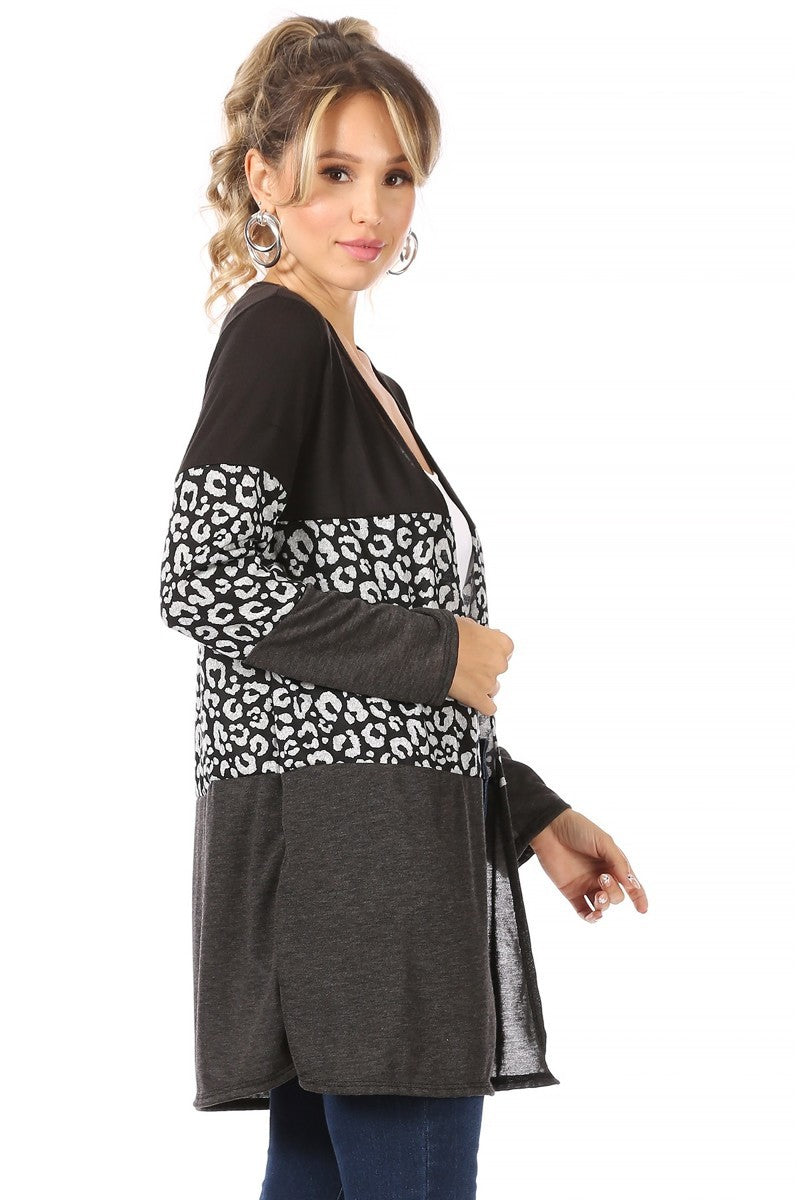 Load image into Gallery viewer, MOATSHT10 - Ladies Black Solid And Animal Print Color Block Cardigan
