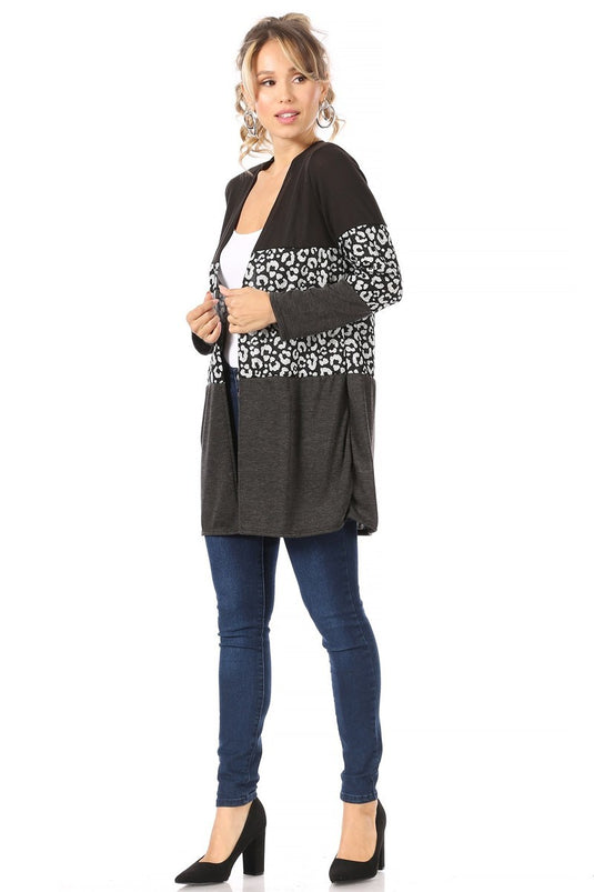 MOATSHT10 - Ladies Black Solid And Animal Print Color Block Cardigan