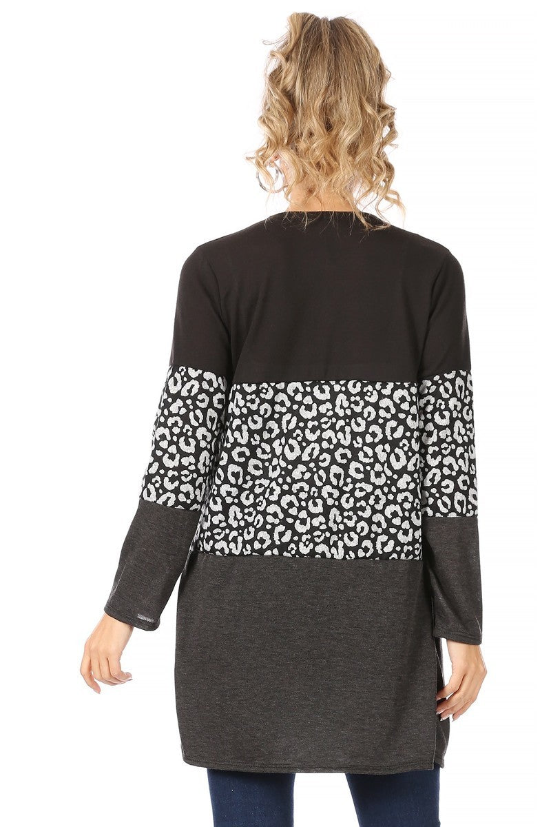 Load image into Gallery viewer, MOATSHT10 - Ladies Black Solid And Animal Print Color Block Cardigan
