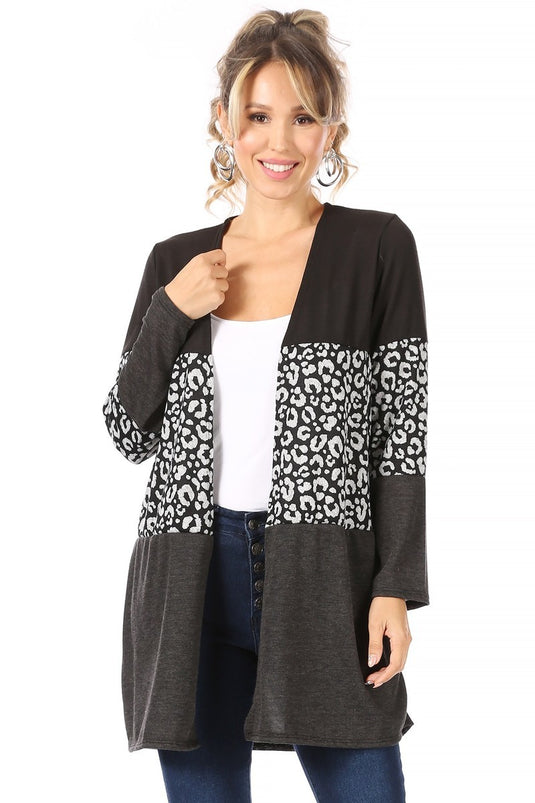 MOATSHT10 - Ladies Black Solid And Animal Print Color Block Cardigan
