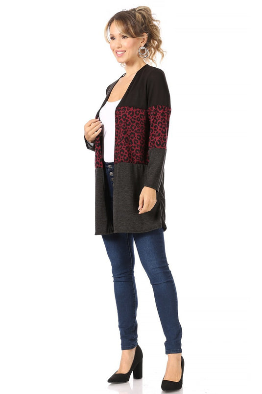 MOATSHT11 - Ladies Burgundy Solid And Animal Print Color Block Cardigan