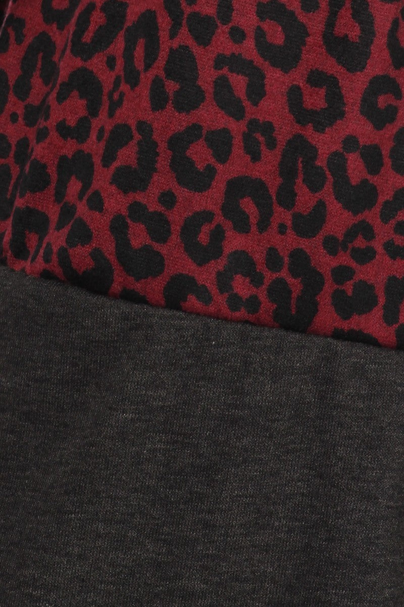 Load image into Gallery viewer, MOATSHT11 - Ladies Burgundy Solid And Animal Print Color Block Cardigan
